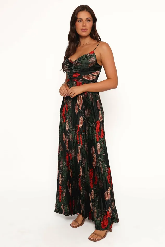 Dresses Women Naira Pleated Maxi Dress Green Floral Petal and Pup
