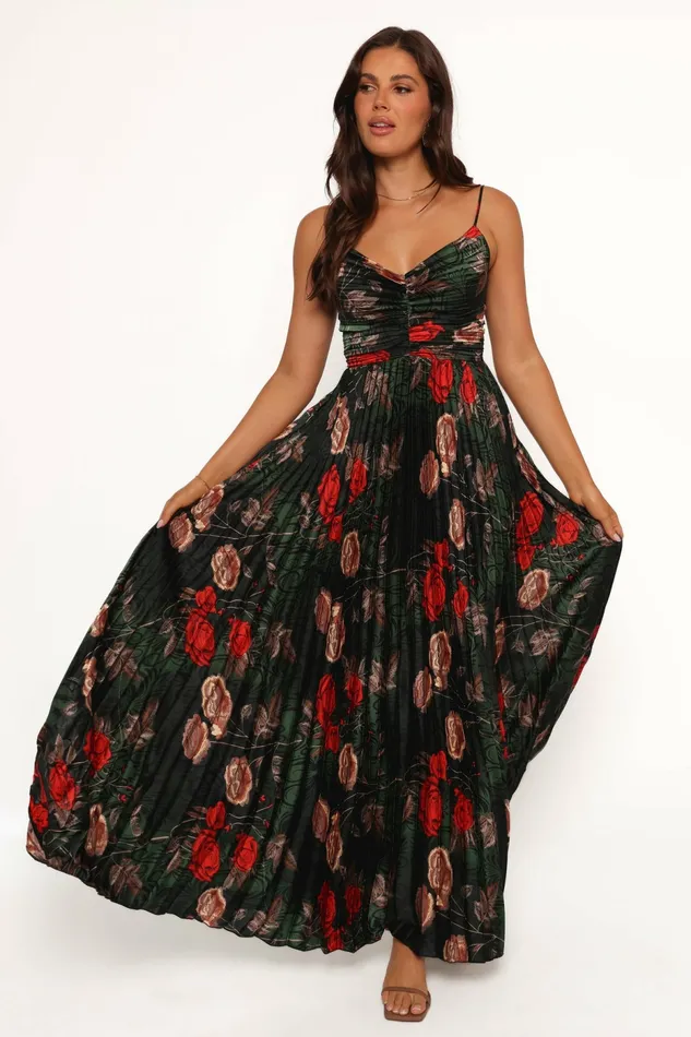 Dresses Women Naira Pleated Maxi Dress Green Floral Petal and Pup