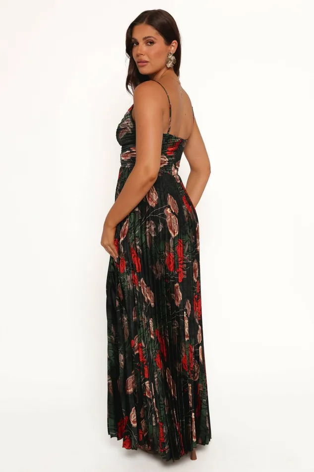 Dresses Women Naira Pleated Maxi Dress Green Floral Petal and Pup