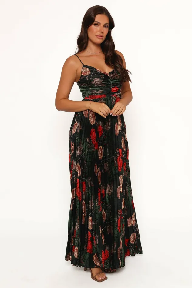 Dresses Women Naira Pleated Maxi Dress Green Floral Petal and Pup