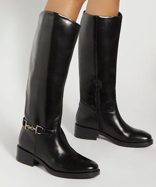 Dune London Black Boots Women Premium Leather Knee High Riding Boots Black