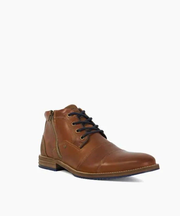 Dune London Casual Boots Men Double Toe Cap Detail Leather Boots Brown