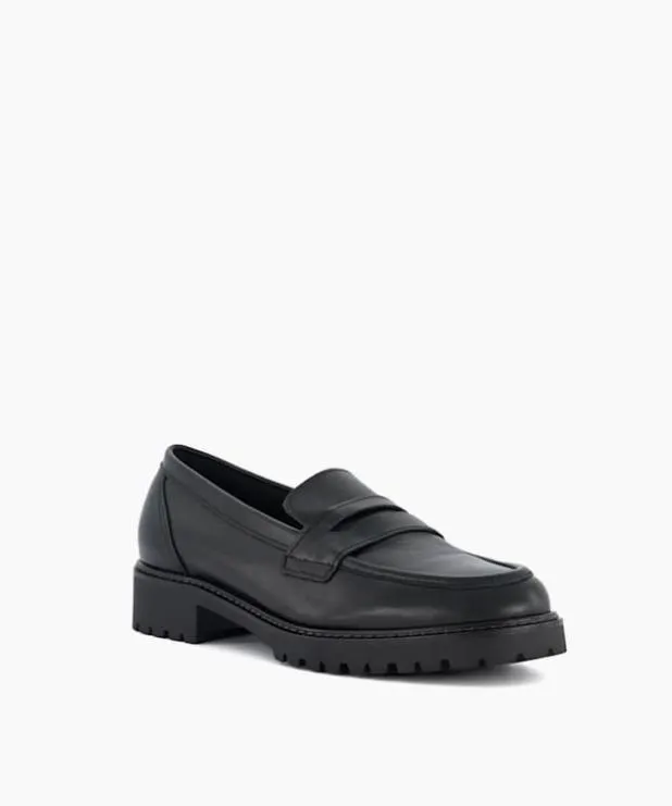 Dune London Loafers Women Wide Fit Leather Cleated Penny Loafers Black