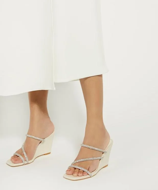 Dune London White Sandals Women Diamante Embellished Wedding Wedge Heels White