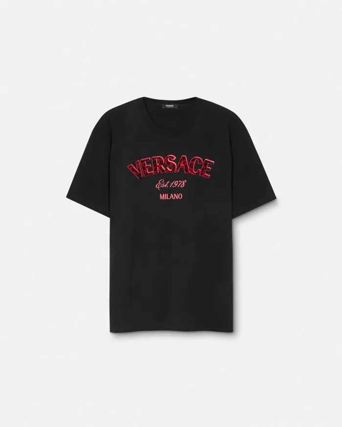 Embroidered Versace Wild Stamp TShirt Black Men Versace TShirts and Polos