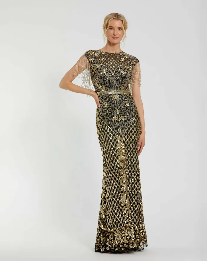 Evening Gowns Mac Duggal Women Black High Neck Sleeveless Beaded Fringe Fitted Gown Black Gold Evening Gowns Mac Duggal Women Black High Neck Sleeveless Beaded Fringe Fitted Gown Black Gold