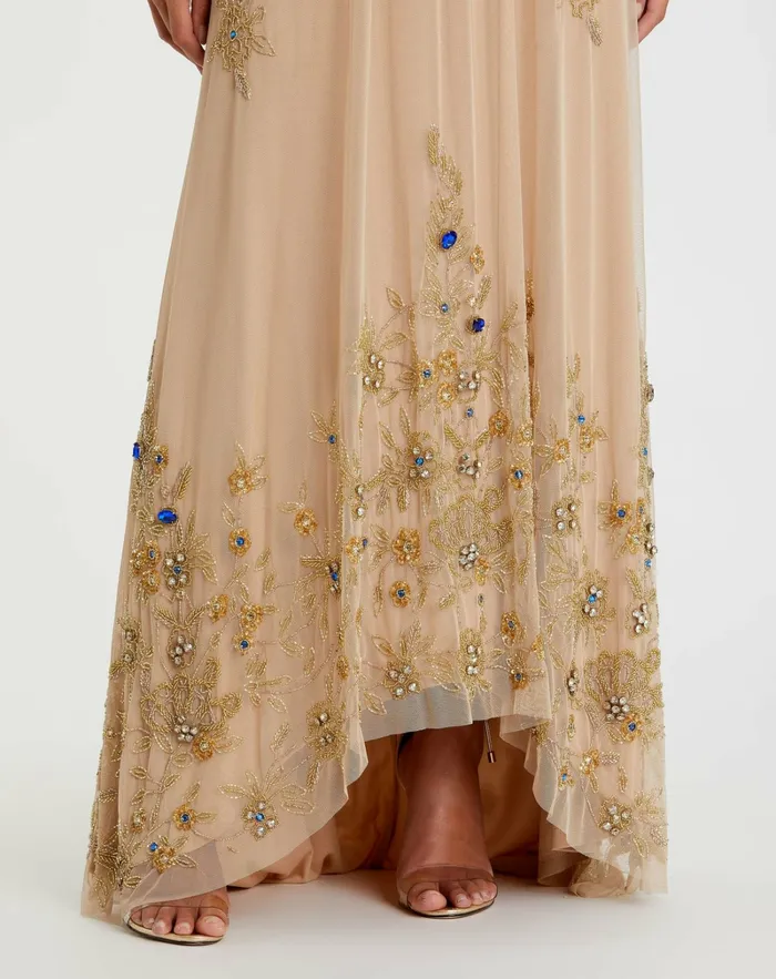 Evening Gowns Mac Duggal Women High Neck Floral Embellished Trapeze Dress Nude Gold