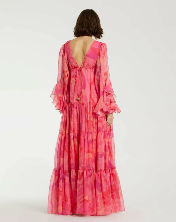 Every Day Dresses Hibiscus Printed Chiffon Ruffle Long Sleeve V Neck Maxi Dress Hibiscus Multi Mac Duggal Women