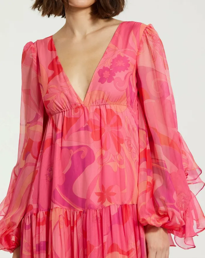 Every Day Dresses Hibiscus Printed Chiffon Ruffle Long Sleeve V Neck Maxi Dress Hibiscus Multi Mac Duggal Women
