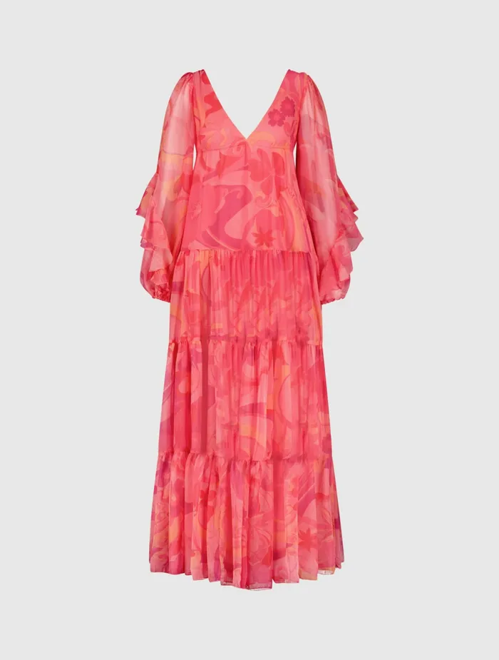 Every Day Dresses Hibiscus Printed Chiffon Ruffle Long Sleeve V Neck Maxi Dress Hibiscus Multi Mac Duggal Women