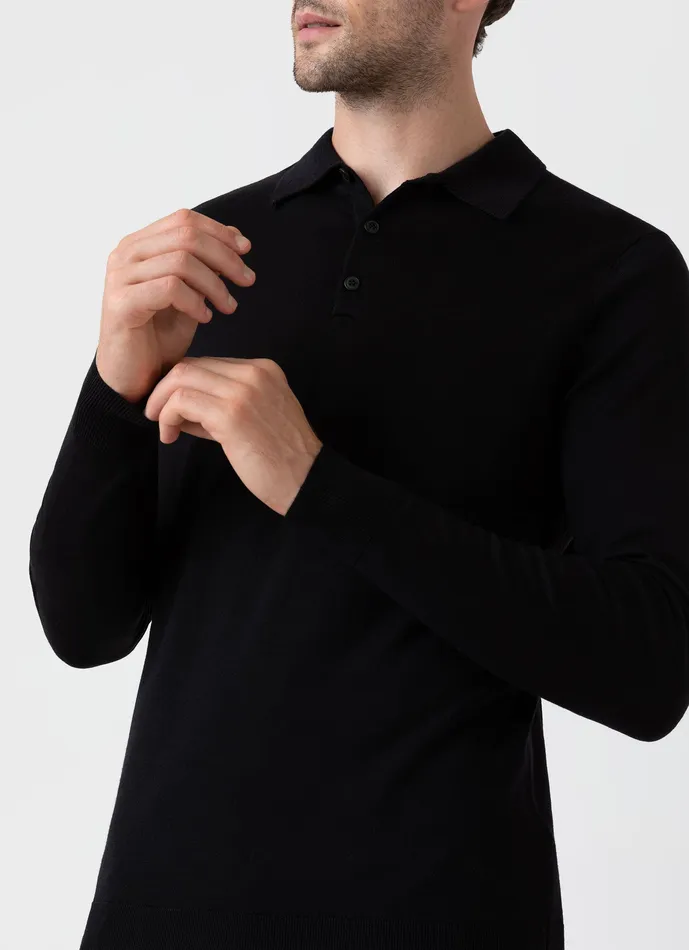 ExtraFine Merino Polo Shirt Black Men Knitwear ussunspel ExtraFine Merino Polo Shirt Black Men Knitwear ussunspel