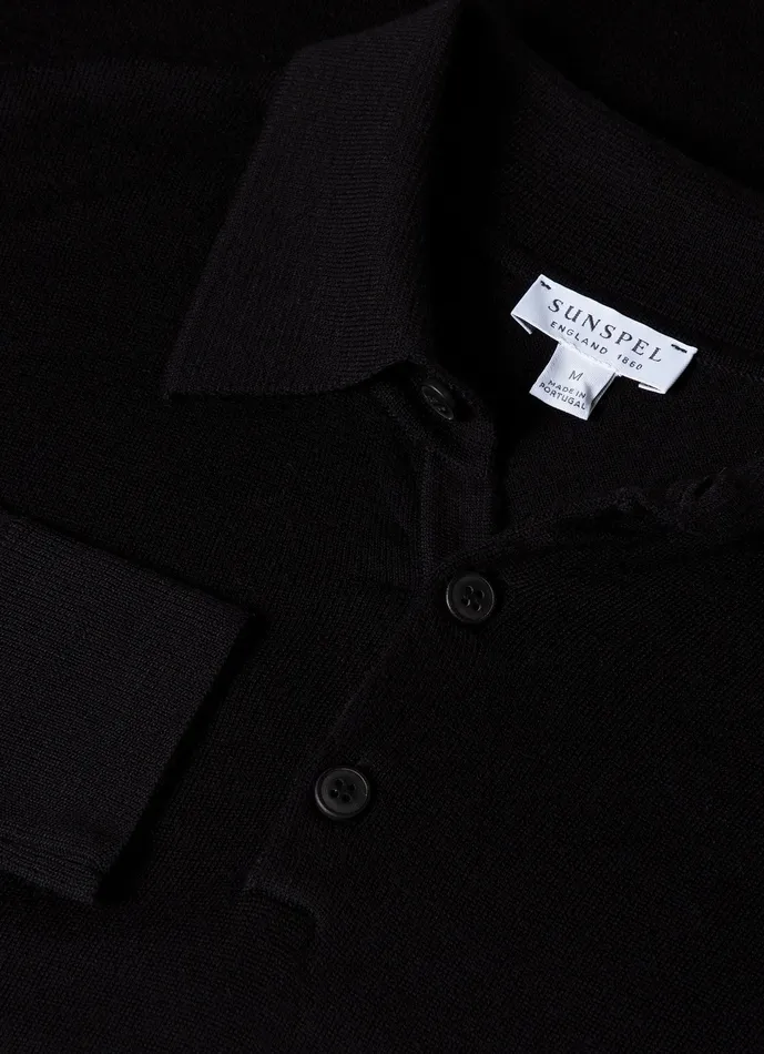 ExtraFine Merino Polo Shirt Black Men Knitwear ussunspel ExtraFine Merino Polo Shirt Black Men Knitwear ussunspel
