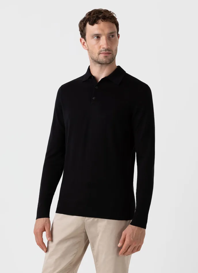 ExtraFine Merino Polo Shirt Black Men Knitwear ussunspel ExtraFine Merino Polo Shirt Black Men Knitwear ussunspel
