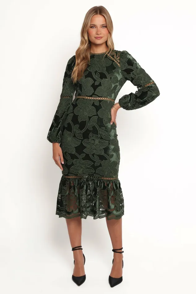 Fall Dresses Pierre Long Sleeve Maxi Dress Deep Velvet Green Petal and Pup Women
