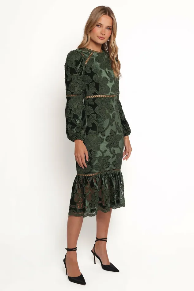 Fall Dresses Pierre Long Sleeve Maxi Dress Deep Velvet Green Petal and Pup Women