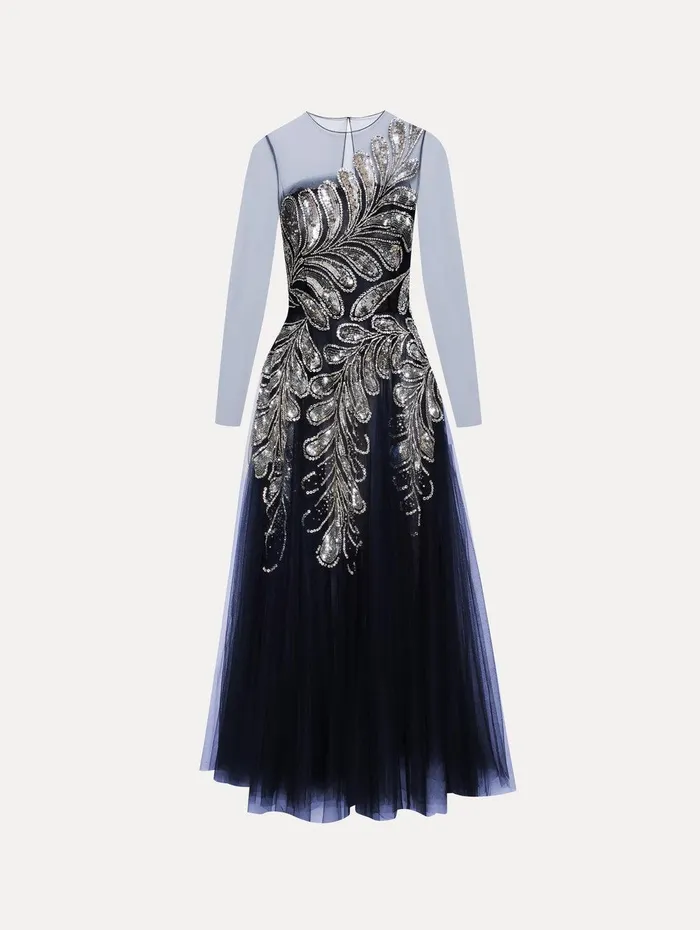 Fern Crystal Embroidered Cocktail Dress Navy Silver Women Oscar De La Renta Dresses Fern Crystal Embroidered Cocktail Dress Navy Silver Women Oscar De La Renta Dresses
