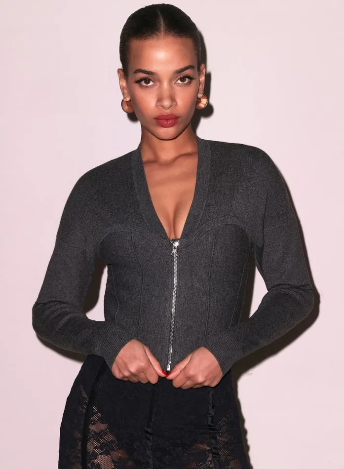 Fleur Du Mal Knitwear Knit Zip Bustier Cardigan Dark Heather Grey 8211 Women