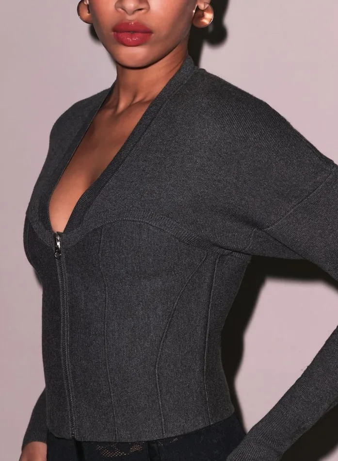 Fleur Du Mal Knitwear Knit Zip Bustier Cardigan Dark Heather Grey 8211 Women