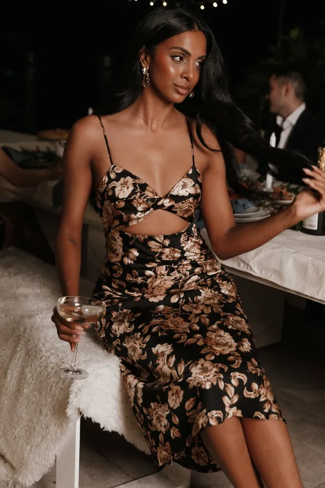 Floral Dresses Saga Cut Out Midi Dress Black Floral Petal and Pup Women