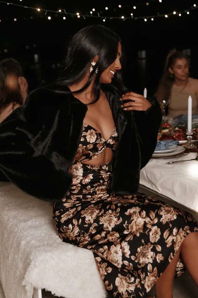 Floral Dresses Saga Cut Out Midi Dress Black Floral Petal and Pup Women