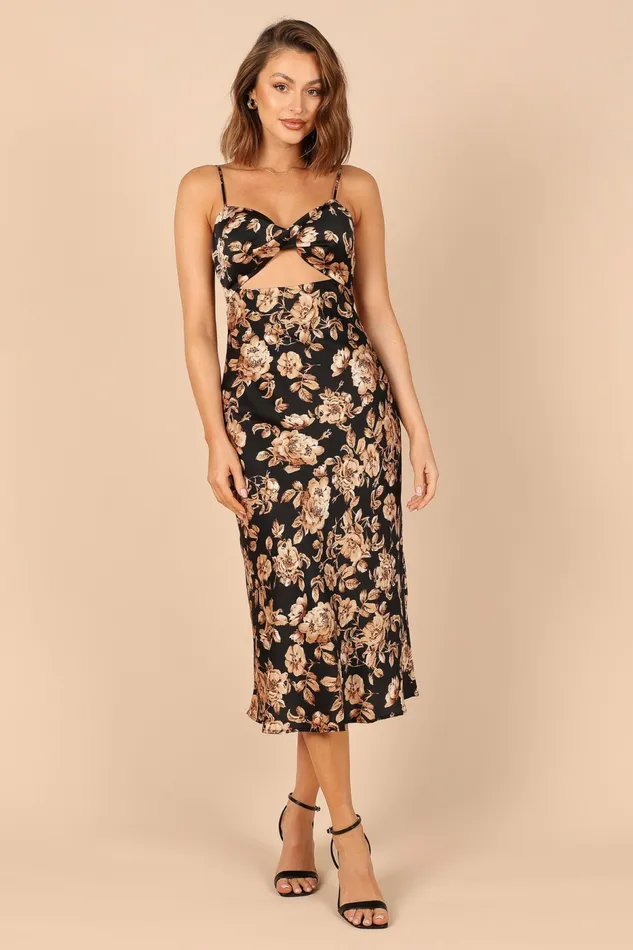 Floral Dresses Saga Cut Out Midi Dress Black Floral Petal and Pup Women