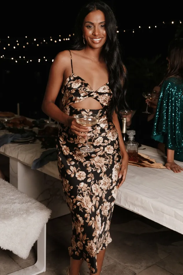 Floral Dresses Saga Cut Out Midi Dress Black Floral Petal and Pup Women