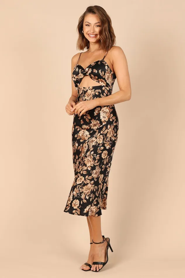 Floral Dresses Saga Cut Out Midi Dress Black Floral Petal and Pup Women