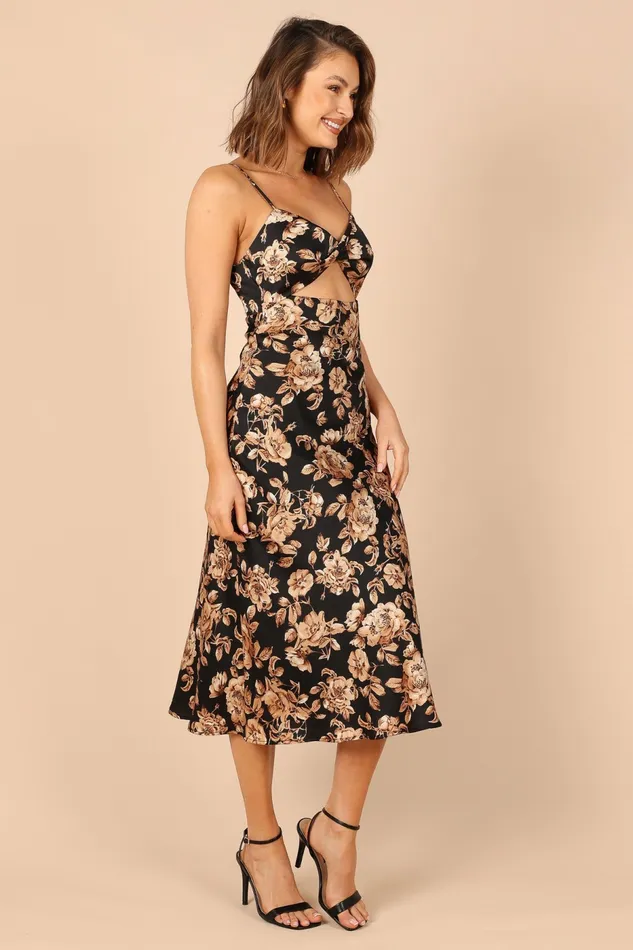 Floral Dresses Saga Cut Out Midi Dress Black Floral Petal and Pup Women