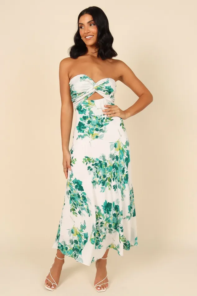 Floral Dresses Teagan Strapless Midi Dress Green Floral Petal and Pup Women