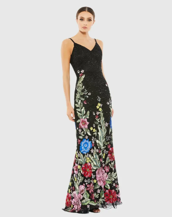 Floral Embellished Spaghetti Strap Gown Black Multi Evening Gowns Mac Duggal Women Floral Embellished Spaghetti Strap Gown Black Multi Evening Gowns Mac Duggal Women