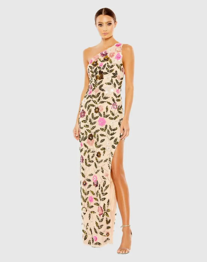 Floral Sequined One Shoulder Column Gown Nude Multi Evening Gowns Mac Duggal Women Floral Sequined One Shoulder Column Gown Nude Multi Evening Gowns Mac Duggal Women
