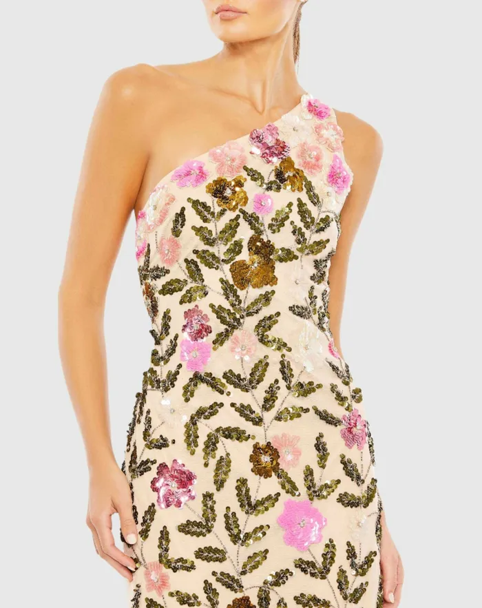 Floral Sequined One Shoulder Column Gown Nude Multi Evening Gowns Mac Duggal Women Floral Sequined One Shoulder Column Gown Nude Multi Evening Gowns Mac Duggal Women