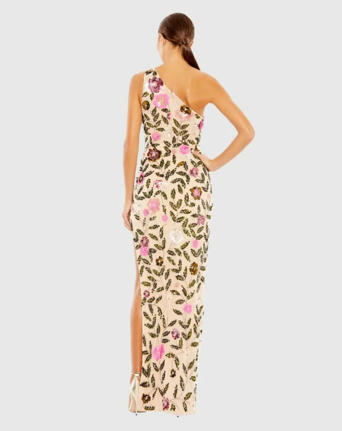 Floral Sequined One Shoulder Column Gown Nude Multi Evening Gowns Mac Duggal Women Floral Sequined One Shoulder Column Gown Nude Multi Evening Gowns Mac Duggal Women