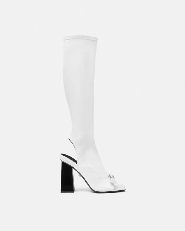 Gianni Ribbon Open KneeHigh Boots 105 Mm White Women Versace Boots