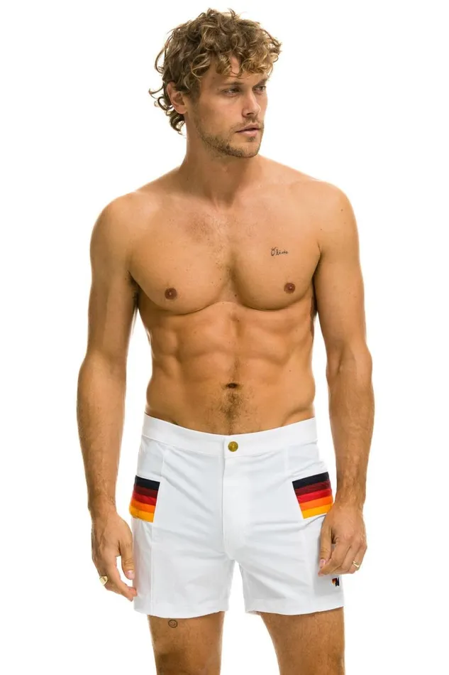 Horizontal 5 Stripe Flex Shorts 8211 White Men Aviator Nation Shorts