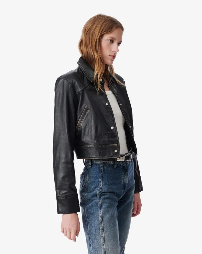 IRO DEMET CROPPED LEATHER JACKET Blackbeige Women Jackets and Coats