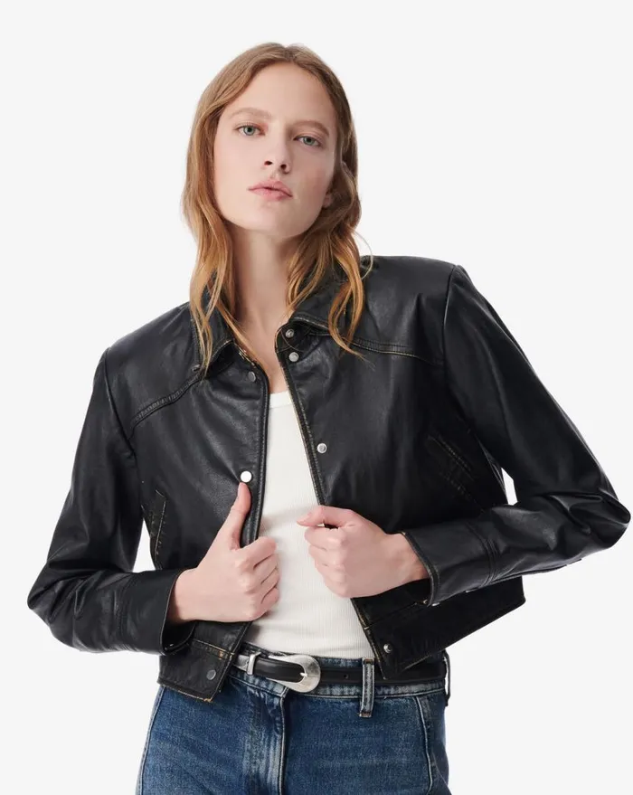 IRO DEMET CROPPED LEATHER JACKET Blackbeige Women Jackets and Coats