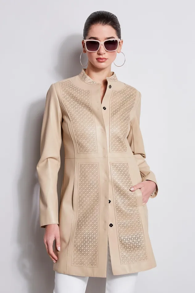 Jackets and Blazers Women Elie Tahari Laser Cut Vegan Topper ISLAND SAND