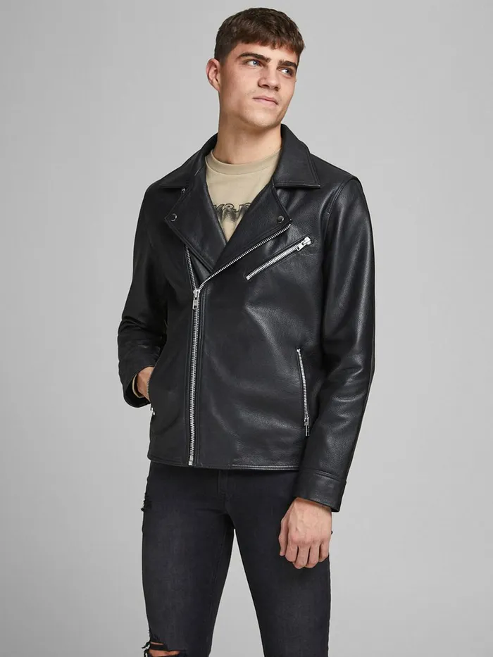Jackets JACK and JONES Mens ICONIC BIKER LEATHER JACKET Black Black