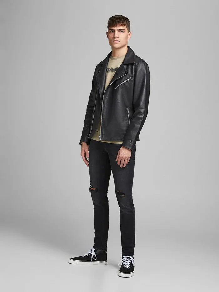 Jackets JACK and JONES Mens ICONIC BIKER LEATHER JACKET Black Black