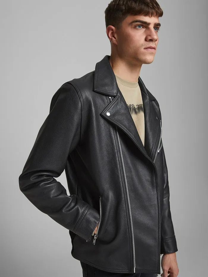 Jackets JACK and JONES Mens ICONIC BIKER LEATHER JACKET Black Black