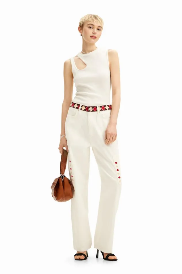 Jeans Women Desigual Cropped Denim Pants With Diamondshaped Edges White