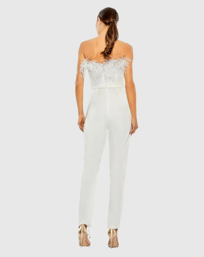 Jumpsuits and Rompers Women White Strapless Jumpsuit with Feather Trim White Mac Duggal Jumpsuits and Rompers Women White Strapless Jumpsuit with Feather Trim White Mac Duggal