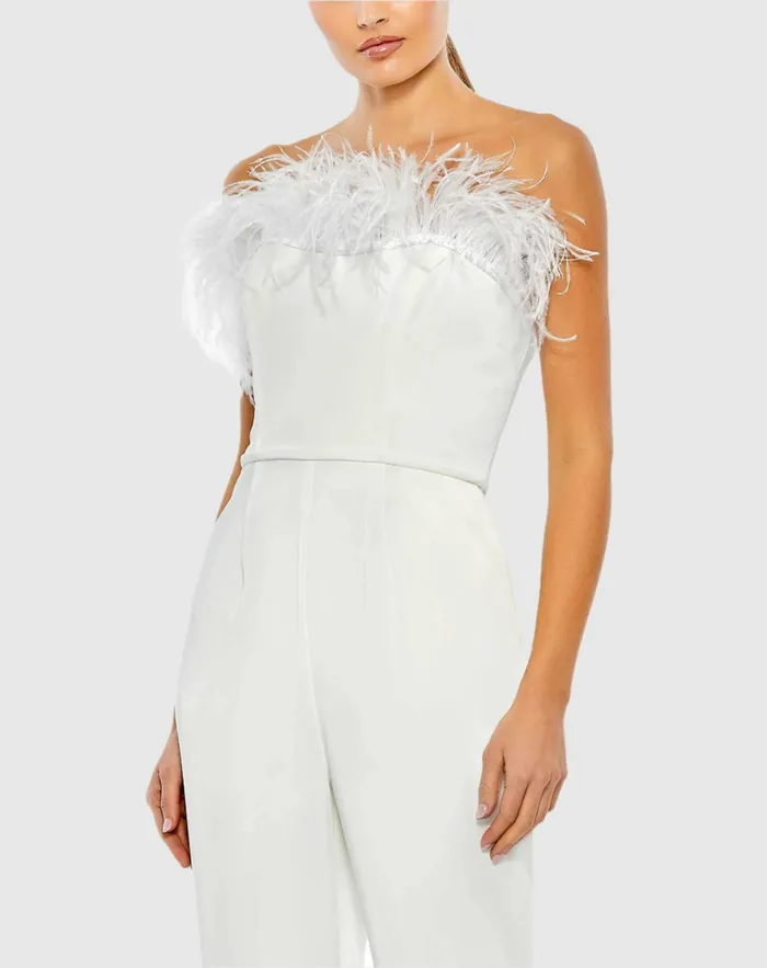 Jumpsuits and Rompers Women White Strapless Jumpsuit with Feather Trim White Mac Duggal Jumpsuits and Rompers Women White Strapless Jumpsuit with Feather Trim White Mac Duggal