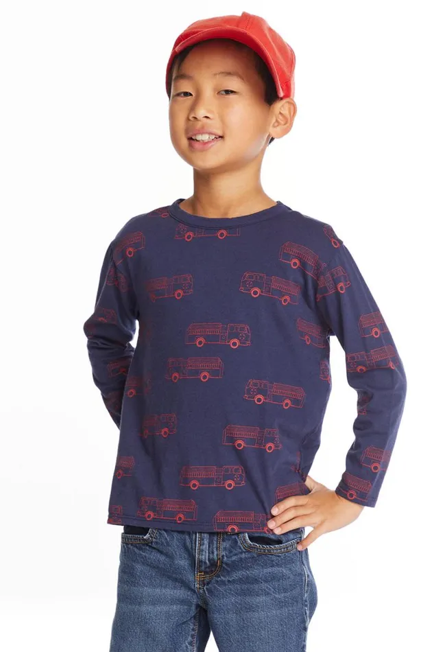 Kids Chaser Brand Boys Fire Trucks Boys Long Sleeve Crew Neck Tee