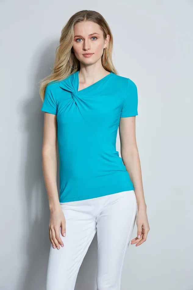 Knits and Sweaters Women Elie Tahari Asymmetrical Short Sleeve Twist Knit TURQUOISE Knits and Sweaters Women Elie Tahari Asymmetrical Short Sleeve Twist Knit TURQUOISE