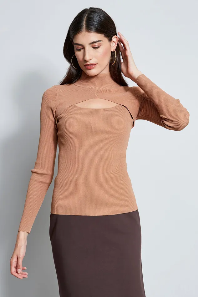 Knits and Sweaters Women Elie Tahari Long Sleeve Mock Neck Keyhole Sweater SADDLE Knits and Sweaters Women Elie Tahari Long Sleeve Mock Neck Keyhole Sweater SADDLE