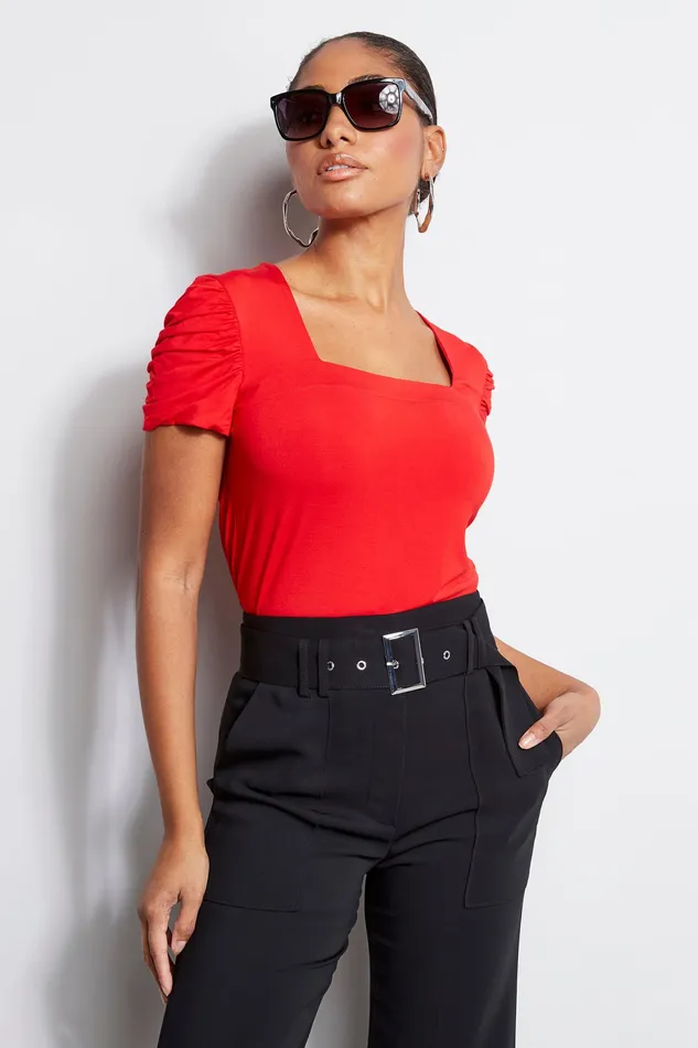 Knits and Sweaters Women Elie Tahari Puff Sleeve Square Neck Knit TROPIC RED