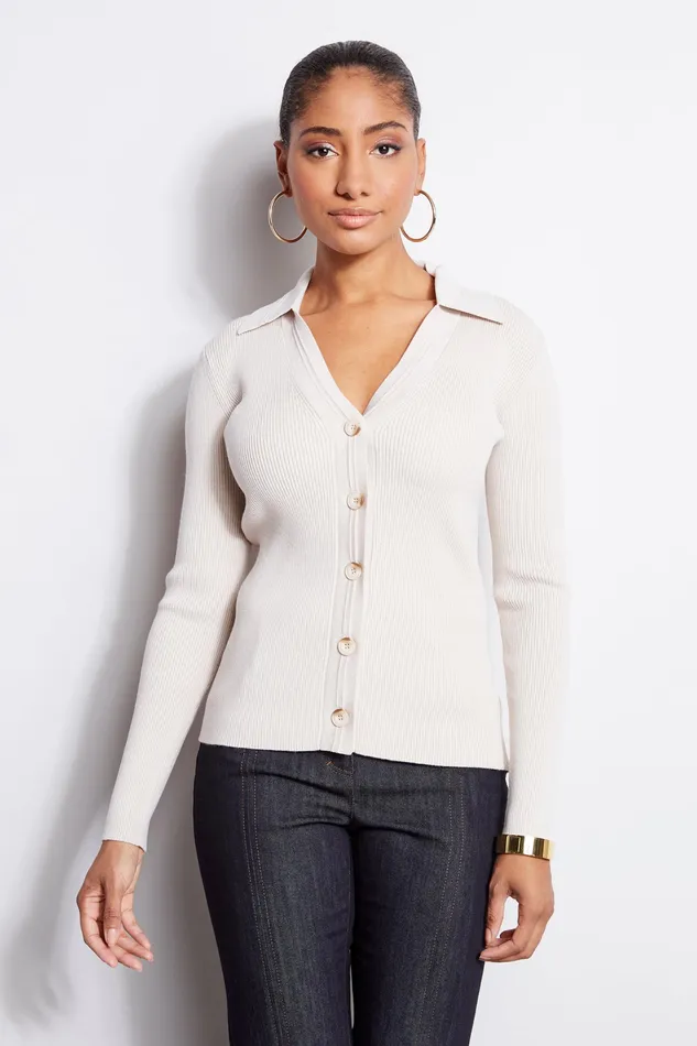 Knits and Sweaters Women Elie Tahari Rib Collared Cardigan TAPESTRY BEIGE