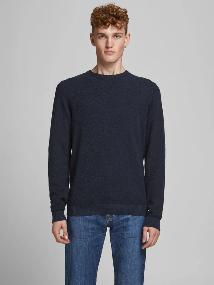 Knitwear JACK and JONES Mens TEXTURED LINEN BLEND KNITTED PULLOVER Blue Navy Blazer Popular Knitwear JACK and JONES Mens TEXTURED LINEN BLEND KNITTED PULLOVER Blue Navy Blazer Popular